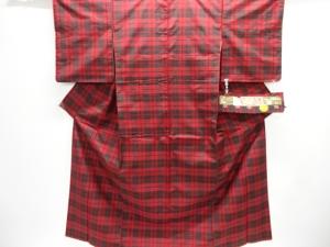 藤絹織物製　格子織り出し本場大島紬着物・道行コートアンサンブル